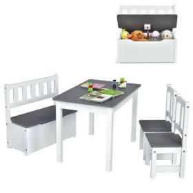 4 Pieces Kids Wooden Activity Table and Chairs Set with Storage Bench and Study Desk-Natural